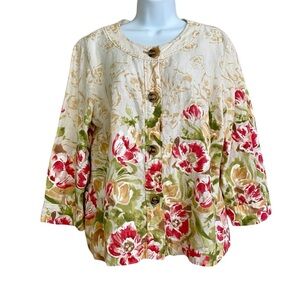 JM Collection Multicolor Cream Linen Floral Top Jacket Size 14 Breathable